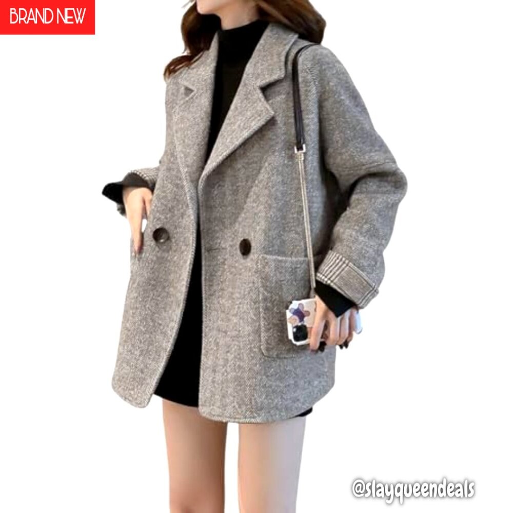 Women's Wool Blend Double Breasted Blazer Herringbone Pattern Notched Lapel - Picture 2 of 7